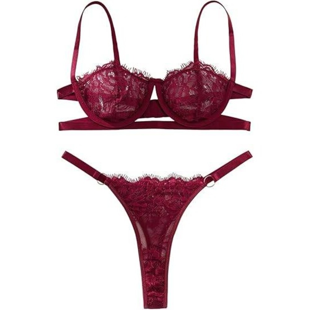 MSRP $20 Lilosy S Burgundy Red Two Piece Sexy Eyelash Underwire Floral Lace